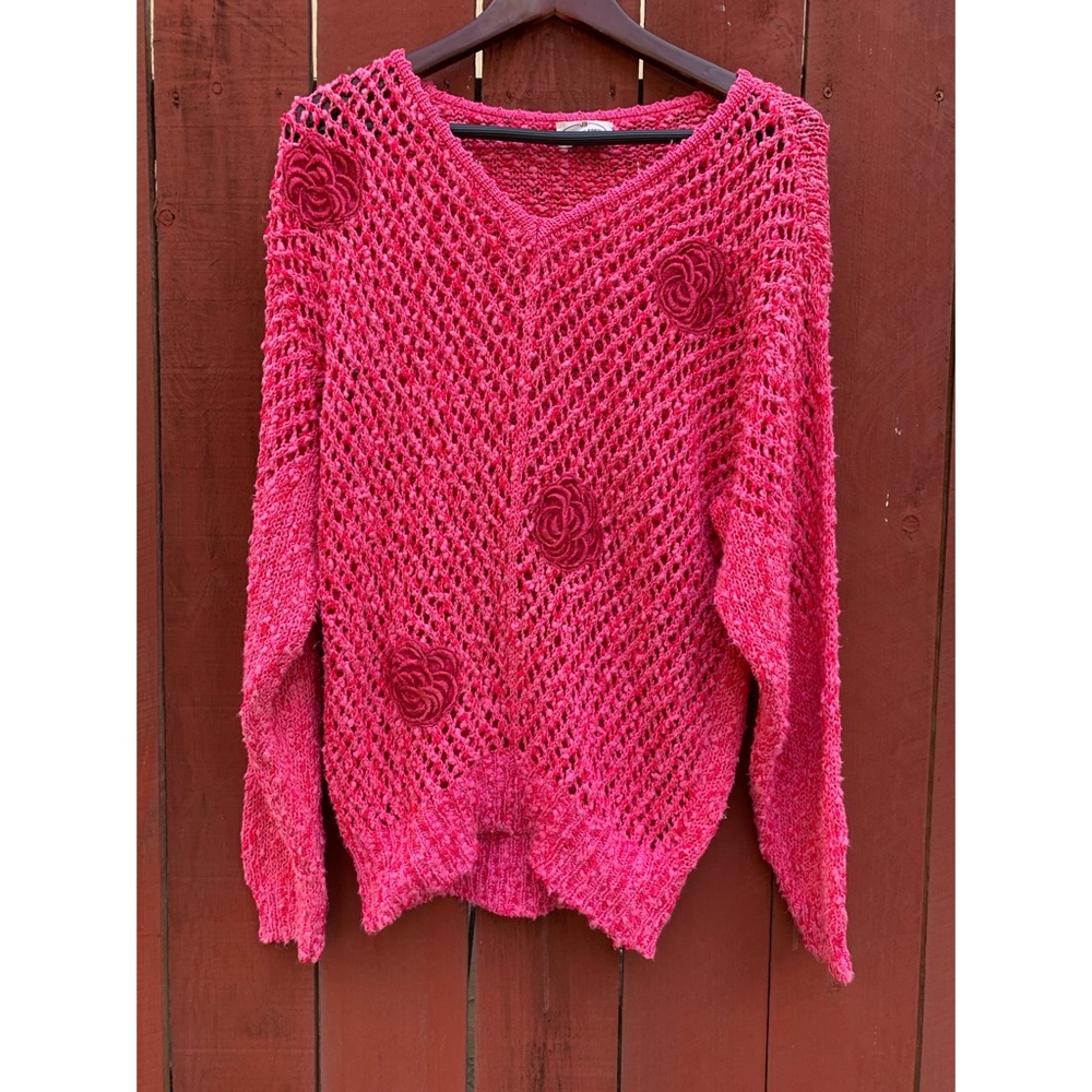 Jacques Borel | Vintage Hot Pink Roses Crochet Knit Pullover